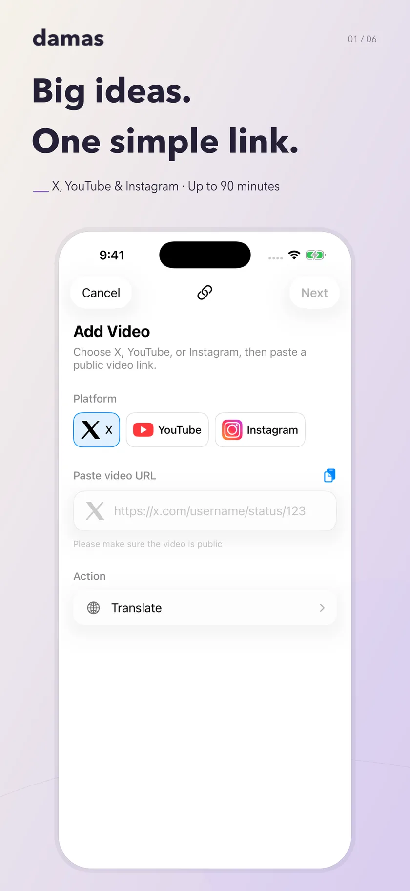 Start with a supported public video link · English interface